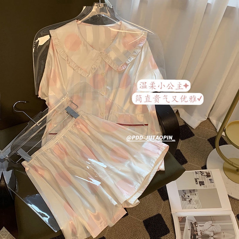 New ins ice silk pajamas women's summer suit thin short sleeve shorts Pink Polka Dot girls' silk home clothes