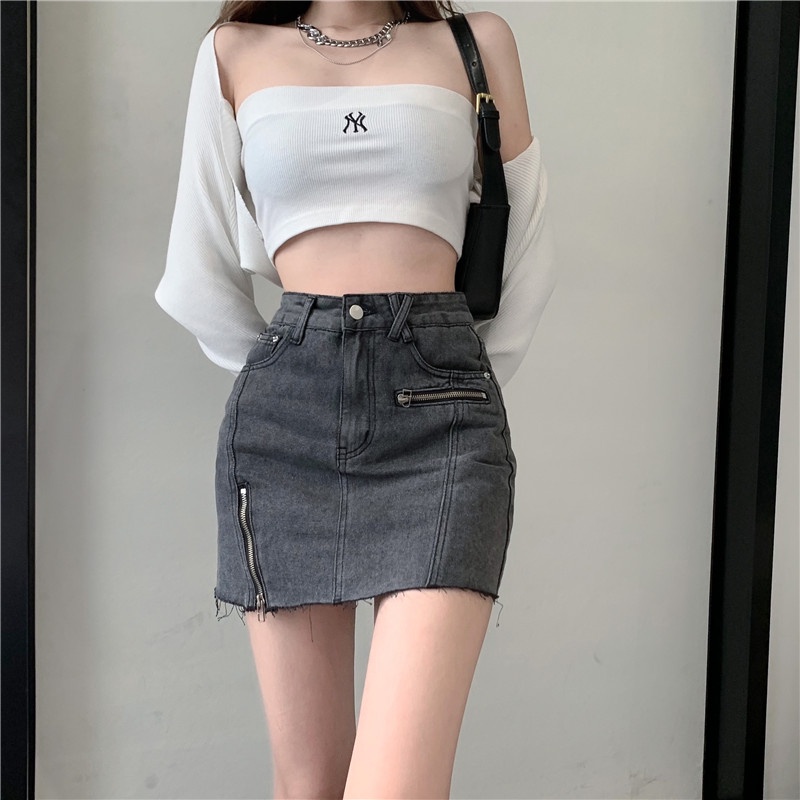 Chân Váy Denim Chữ A Lưng Cao Có Khóa Kéo Thời Trang Mùa Hè Phong Cách Trung Hoa