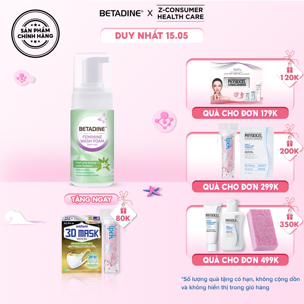 Bọt vệ sinh phụ nữ Betadine Feminine Wash Foam Daily Use Fresh &amp; Active Lemon Verbena 100ml