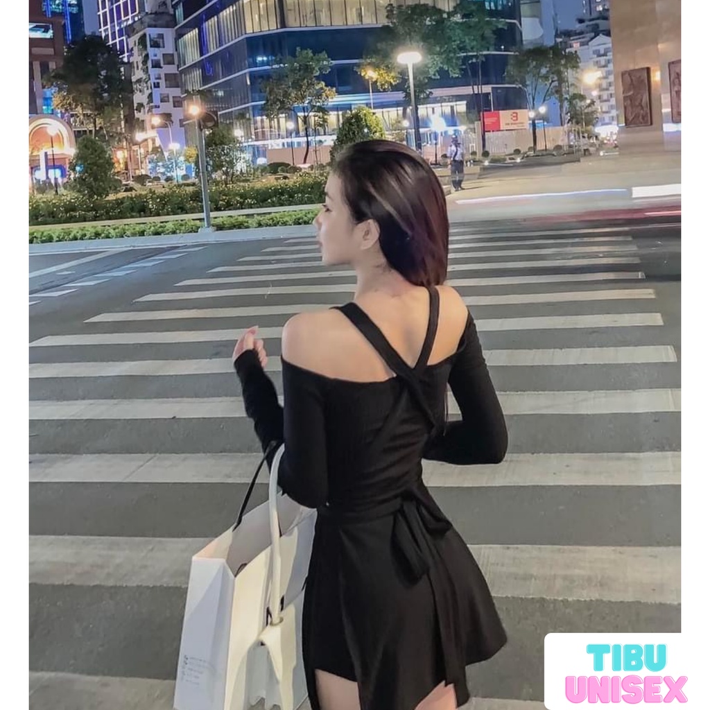 Set Đầm 2 dây body trễ vai đan lưng lạ mắt TIBU, quần giả váy nữ sexy cột nơ dáng ôm phù hợp đi tiệc đi chơi 2022