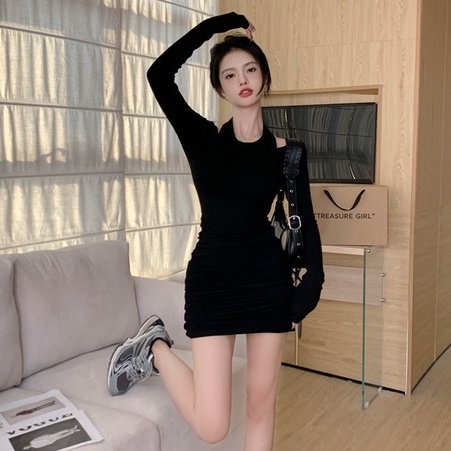 Đầm Dệt Kim Trễ Vai Ôm Dáng Màu Sắc Đơn Giản Phong Cách Retro Hàn Quốc