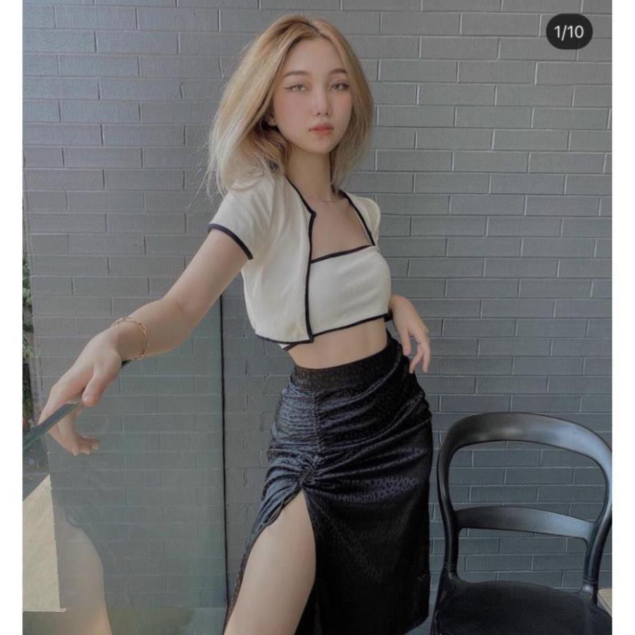 [[MM] Set áo ống kèm áo khoát viền ĐEN TRẮNG, set áo croptop kèm áo khác thun co giãn | BigBuy360 - bigbuy360.vn