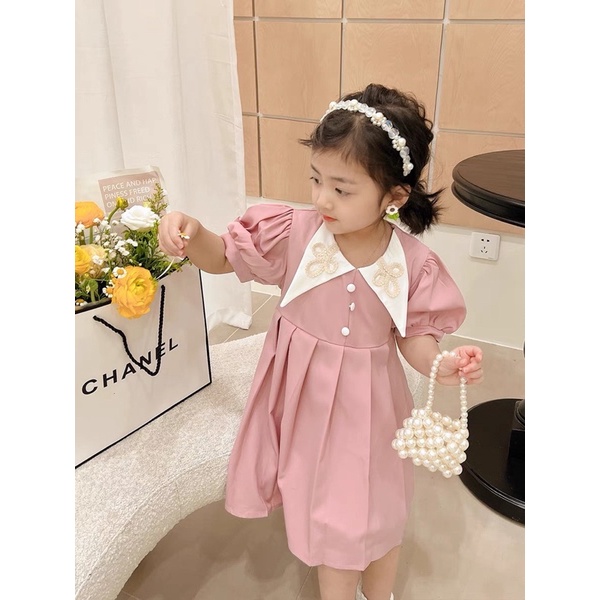 Xả Váy cổ nhọn thêu 2 màu cho bé gái