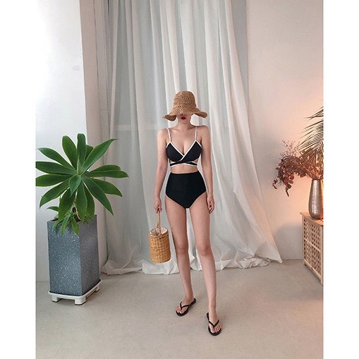 Bikini 2 mảnh áo hai dây đen viền trắng cột eo mix quần lưng cao đen