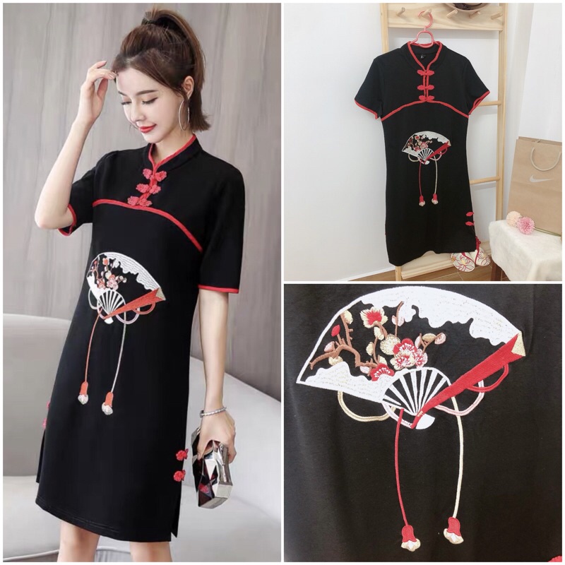 Sườn xám caro đầm hoa lá xinh
