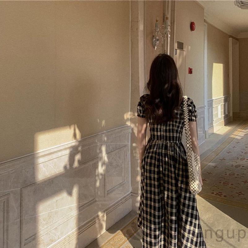 Đầm Nữ Ngắn Tay Cổ Chữ V Họa Tiết Sọc Ca Rô Thời Trang