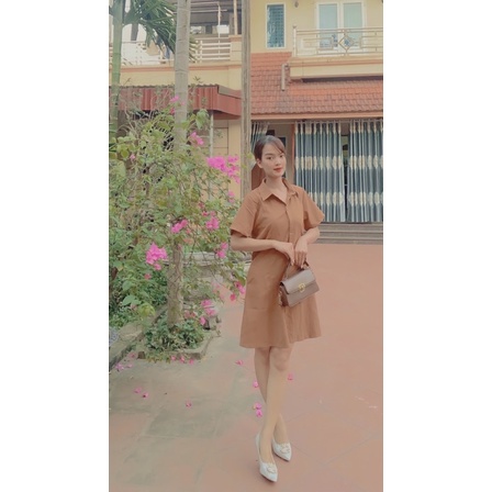 Váy Sơ Mi Ngắn Tay Cài Cúc Đầm Kaki Chiết Eo Lưng Chun Nhiều Màu Vải Mềm Mát TAN5915