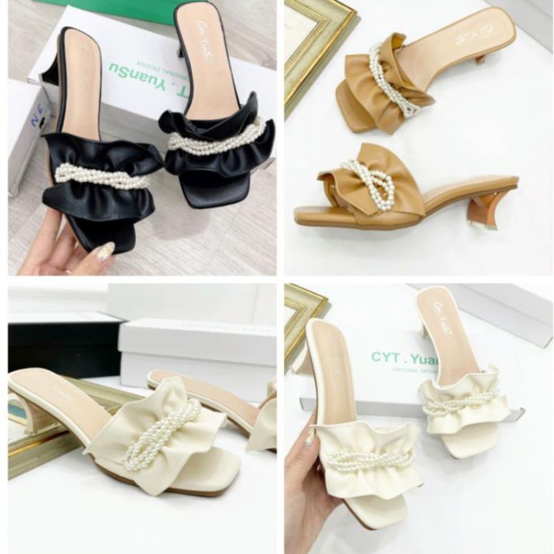 MLo(ẢNH THẬT) Guốc 5p Quai Nhún Bèo Phối Ngọc Da Mềm Êm Fullbox Cao Cấp