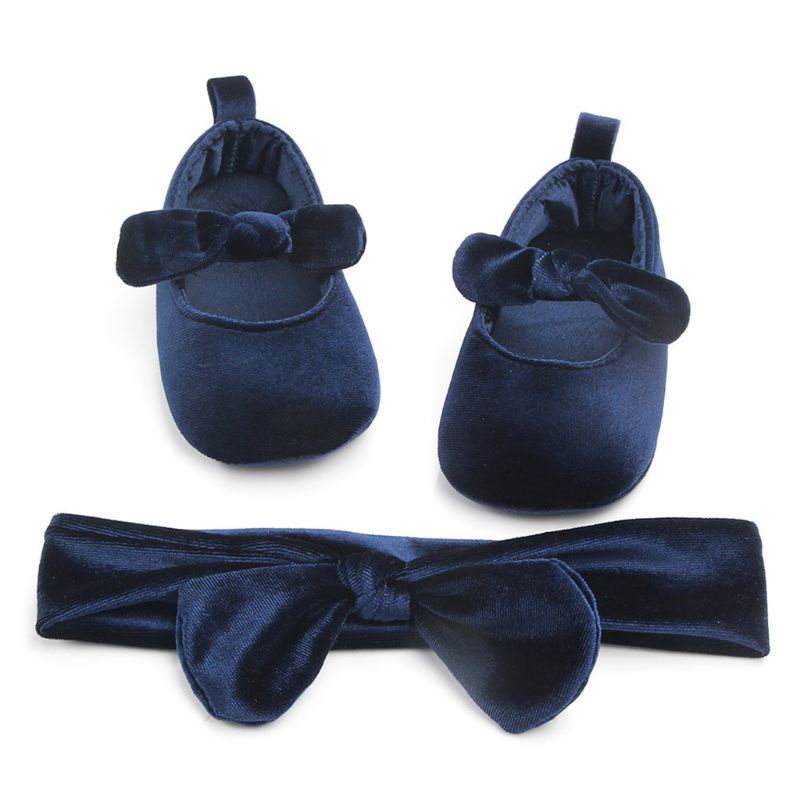 Bộ 2 Giày Cotton Đế Mềm Chống Trượt Đính Nơ Kèm Băng Đô Dành Cho Bé Gái Sơ Sinh