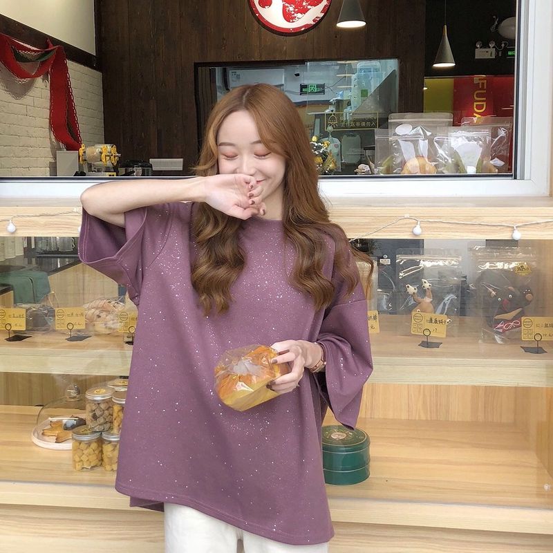 Áo Thun Tay Ngắn Dáng Rộng Màu Trơn Phong Cách Hàn Quốc Cho Nữ