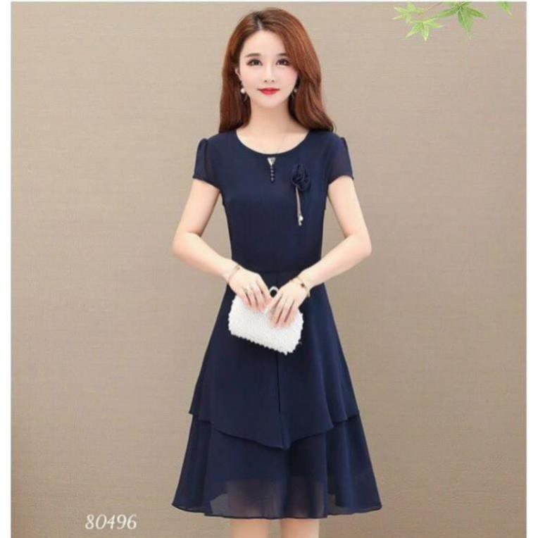 < size M, L, XL > Đầm nữ dáng xòe Chất chiffon 2 lớp cao cấp, thiết kế chuẩn dáng, kết hoa vải gắn ngọc  ཾ