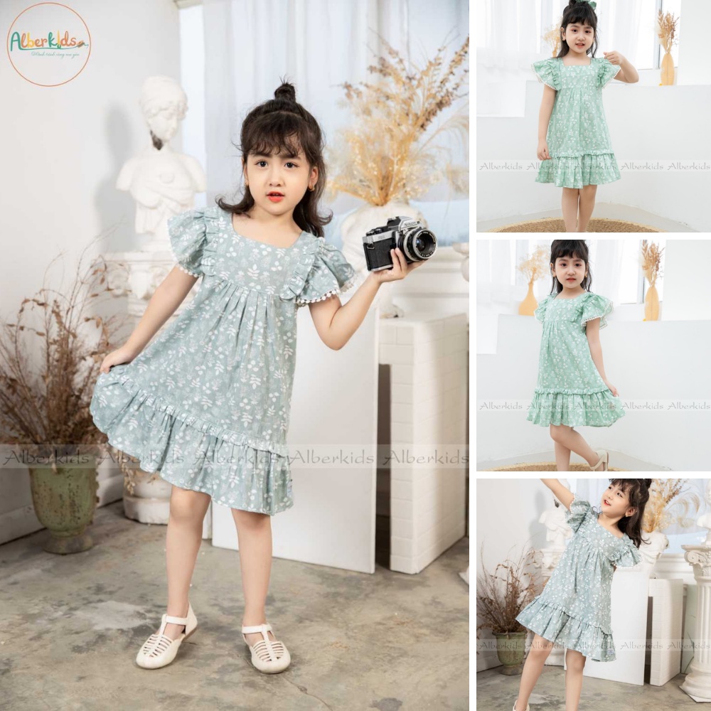 Váy Cho Bé Gái Min Dress Họa Tiết Hoa Chất Liệu Thô Xanh-Xám Cho Bé Từ 2-10T Alber Kids