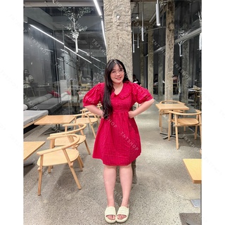 ĐẦM CARO HỒNG CỔ BÈO  [ TNT Shop Bigsize 60kg - 90kg ]