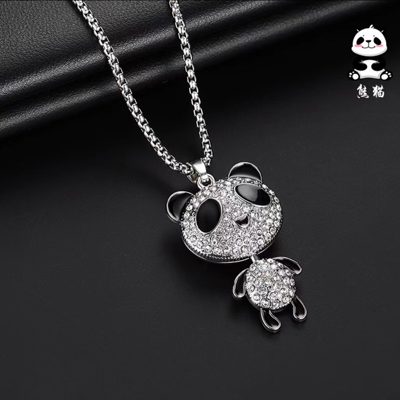 Vòng cổ inox XIAOBOACC mặt gấu trúc đính đá toàn diện phong cách hip hop - 60CM