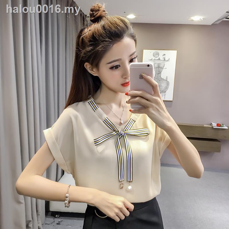 Áo Sơ Mi Voan Tay Ngắn Cổ Chữ V Thắt Nơ Xinh Xắn Hợp Thời Trang Hè Phong Cách Hàn Quốc Cho Nữ Size S-3Xl