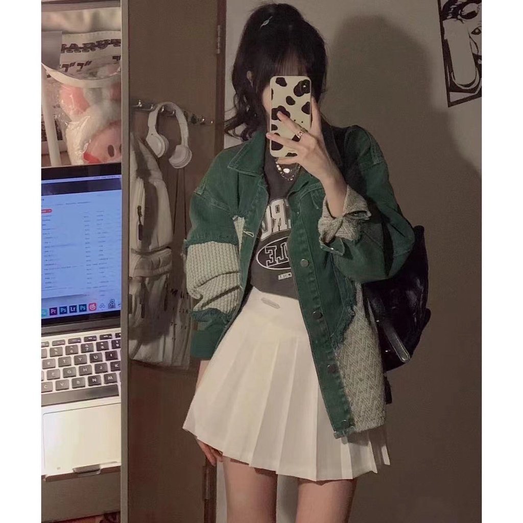 Jiashucheng Áo Khoác Denim Khâu Dáng Ôm Phong Cách Retro Mỹ Dành Cho Nữ