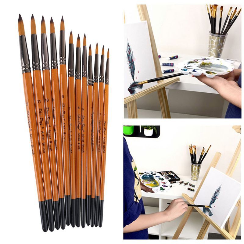 Bộ 12 Cọ Vẽ Màu Nước Acrylic Gouache Loại Tốt Chuyên Nghiệp Sợi Nylon