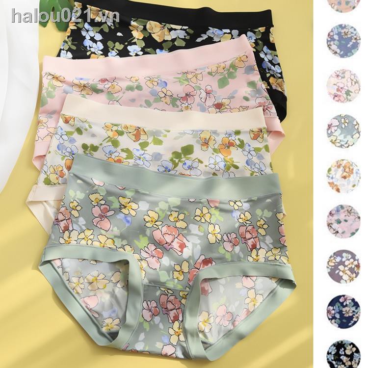 ✿Ready stock✿ Traceless underwear 3 pieces of Caitian printed women s spring and summer silky milk ice silk ultra-thin seamless waist bag hip antibacterial boxer briefs