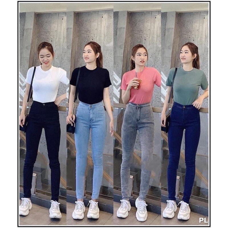 quần bò ôm trơn cạp cao