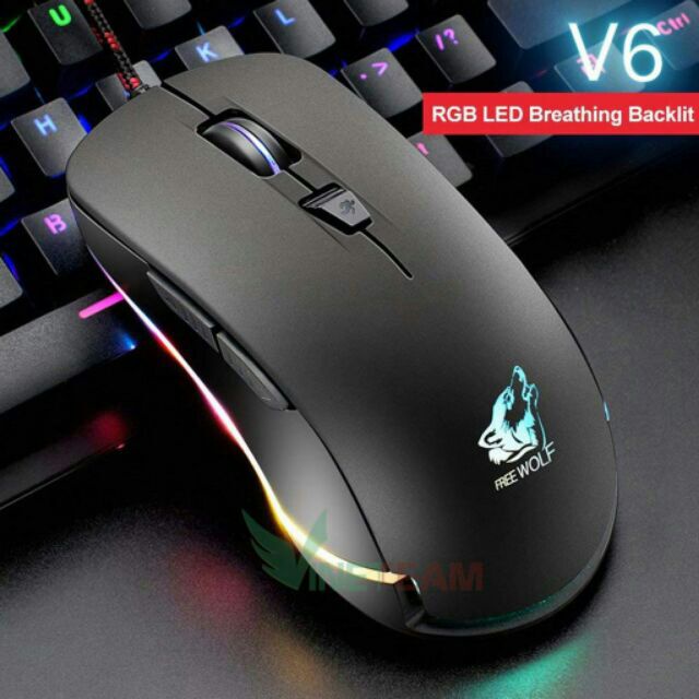 CHUỘT CHƠI GAME LED RGB FREE WOLF V6 -V1(Đen) bảo hành 3 tháng