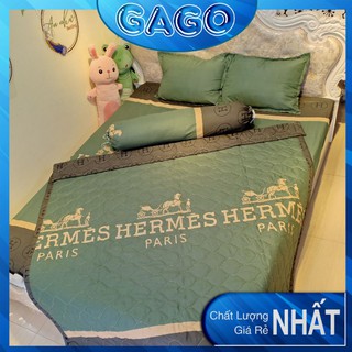 Chăn ga gối poly, bộ chăn ga gối drap giường, chăn ga 5 món HM rêu Gago