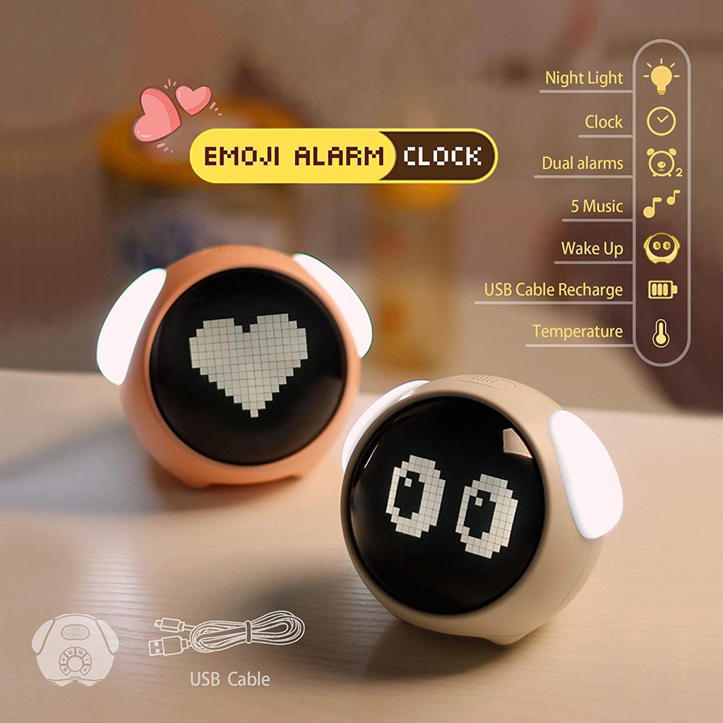 Đồng hồ báo thức kỹ thuật số để bàn hình biểu cảm dễ thương đa năng kèm sạc USB tiện dụng cho bé
