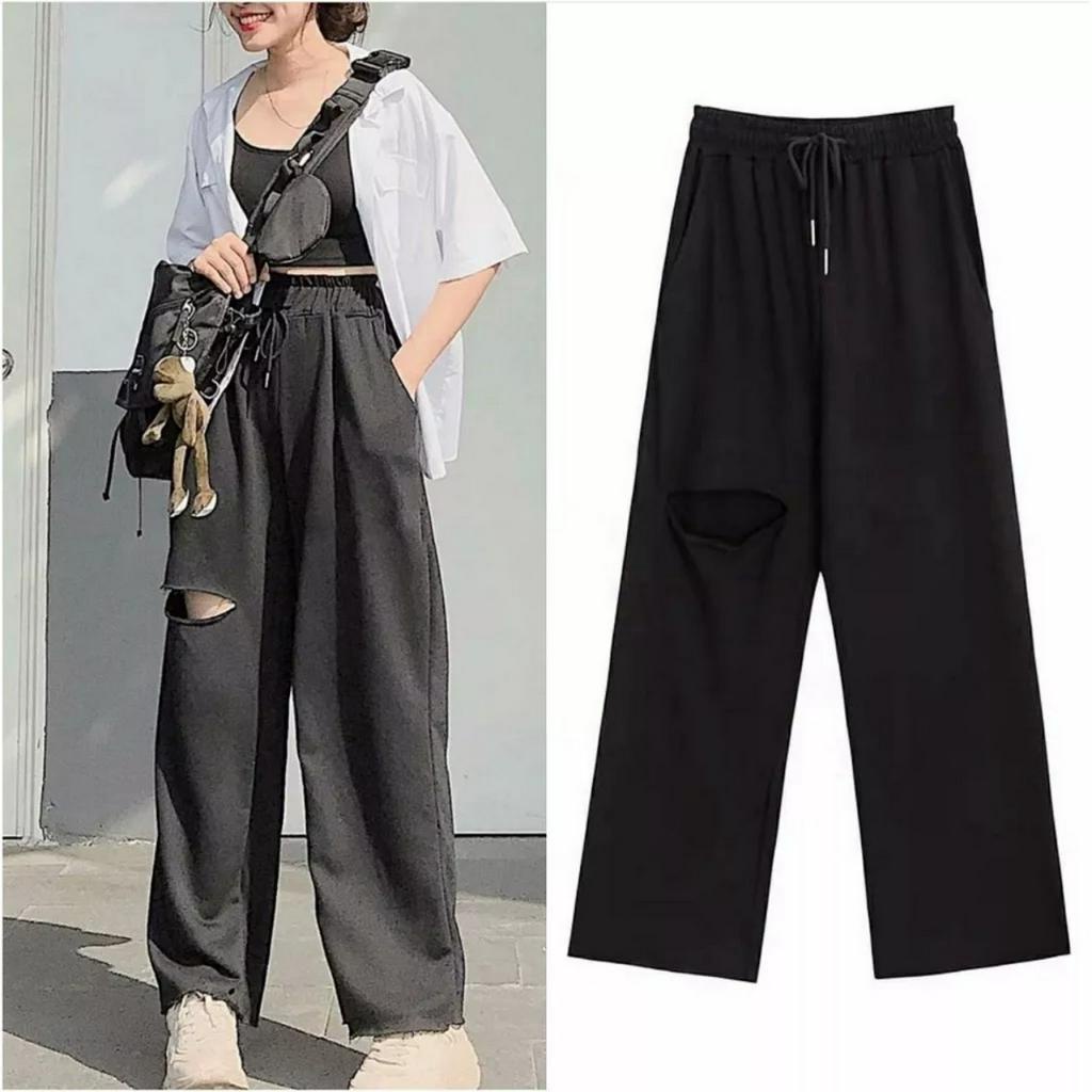 Quần Nỉ Ống Rộng Rách Gối IRU Unisex (Đen/Xám)