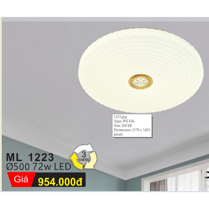 Đèn mâm ốp trần nổi phi 500mm, 3 chế độ sáng, LED 72W