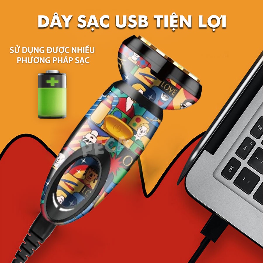 Máy cạo râu lưỡi kép 4D KEMEI KM-RS503 vỏ bọc sang trọng màu sắc TREND GRAFFITI phiên bản mini cá tính, dùng sạc USB