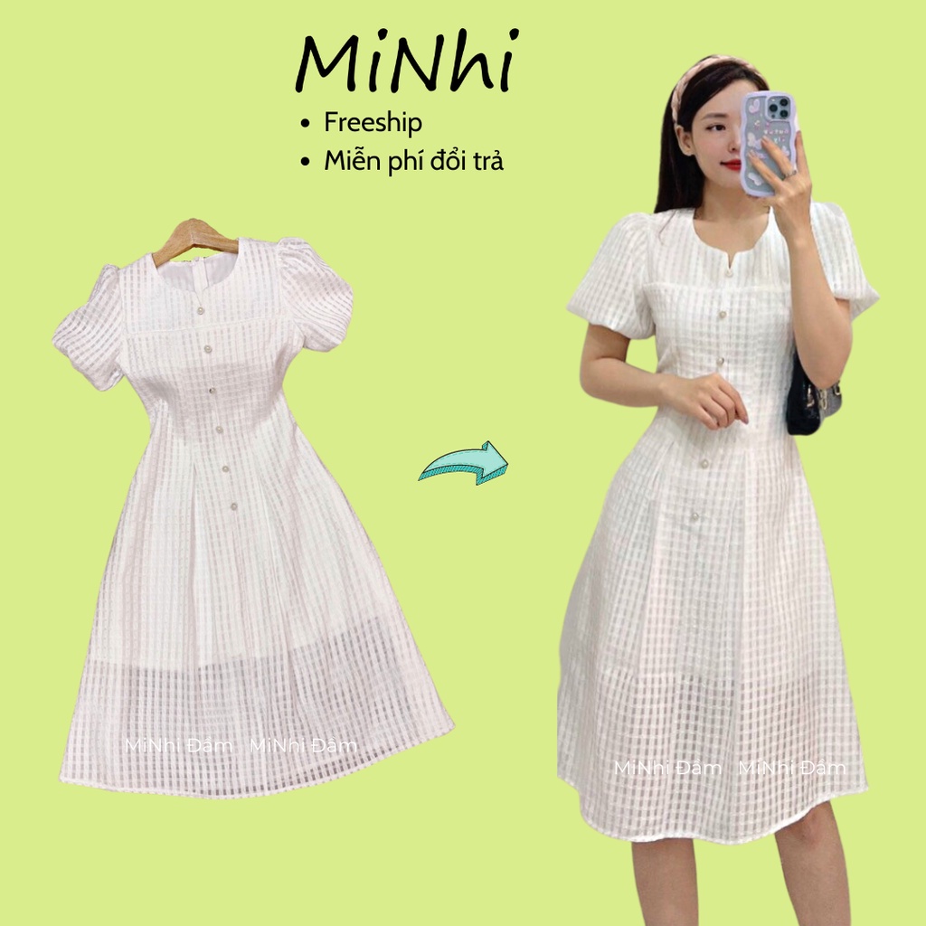 Đầm trắng dự tiệc, Váy trắng công chúa đi tiệc Cao Cấp thiết kế hàng loại 1, cổ tròn đính khuy, dáng xòe midi - MiNhi