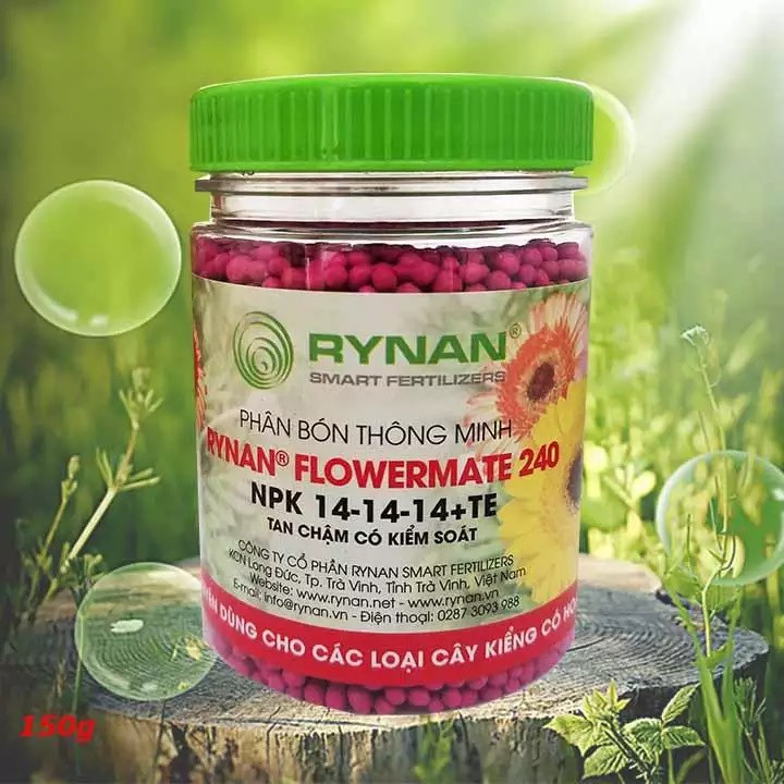 Phân Tan Chậm RYNAN FLOWERMATE 240 lọ 150g, Phân Bón Thông Minh NPK 14-14-14+TE dùng cho Bonsai, Phong Lan