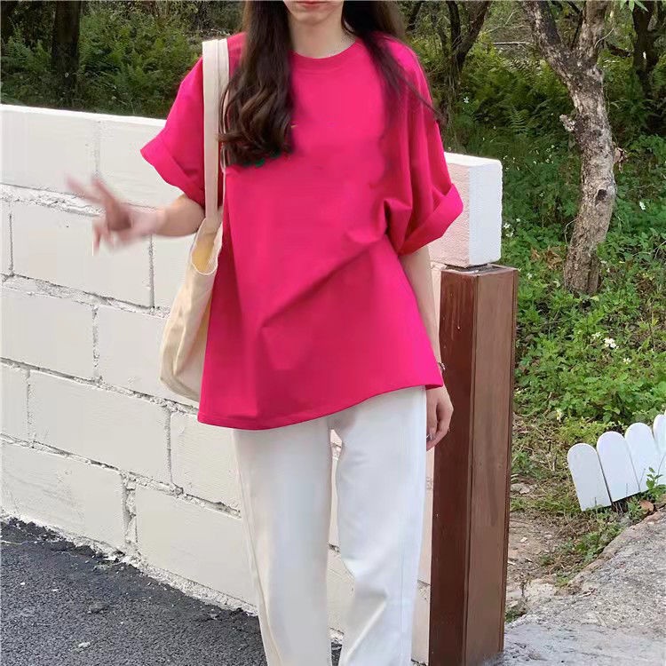 Áo Thun Cotton Tay Ngắn Màu Trơn Dáng Rộng Màu Sắc Đơn Giản Trẻ Trung Dành Cho Nữ