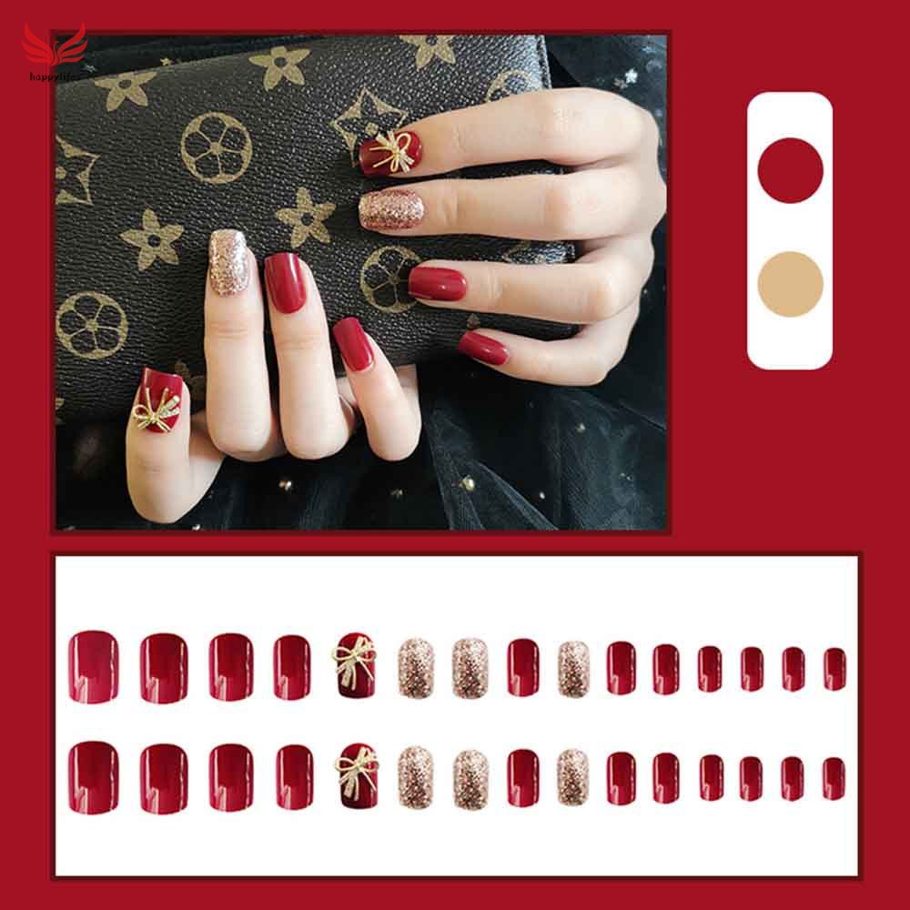 24pcs Wine red bow Flash powder wear finished nail tablet False nail removable Manicure