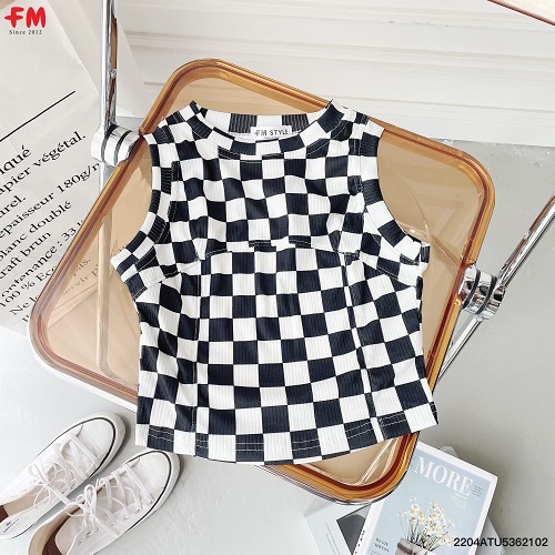 Áo croptop nữ FM Style sát nách cổ tròn hoạ tiết caro vải thun cao cấp, form tôn dáng 204210206