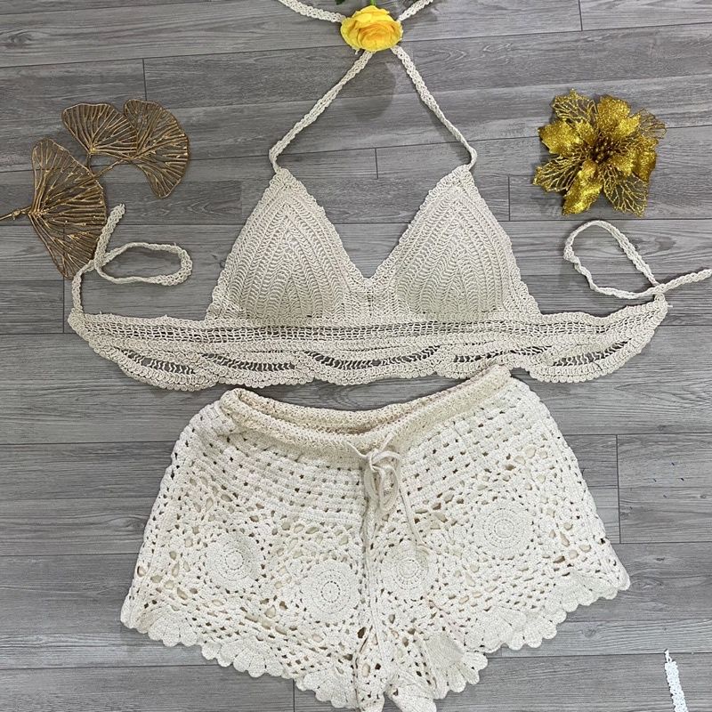 Set biển - set 2 món - bra sóng + quần hoa lưới vuông