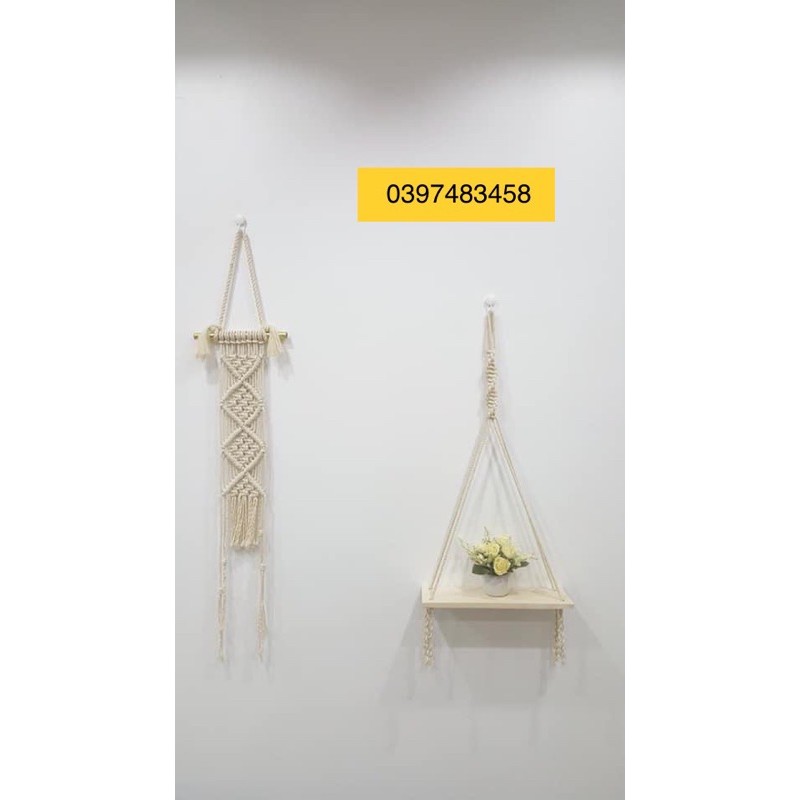 Kệ gỗ tết macrame đầu dây