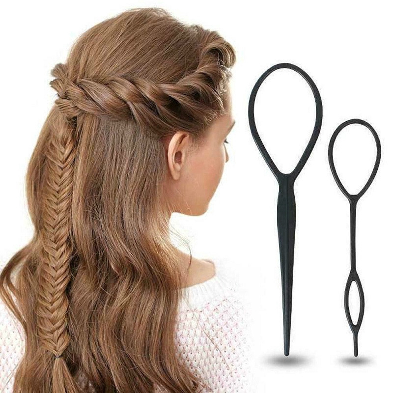 Set 500 chun buộc tóc trong suốt + 4 dụng cụ tết tóc đuôi ngựa màu đen