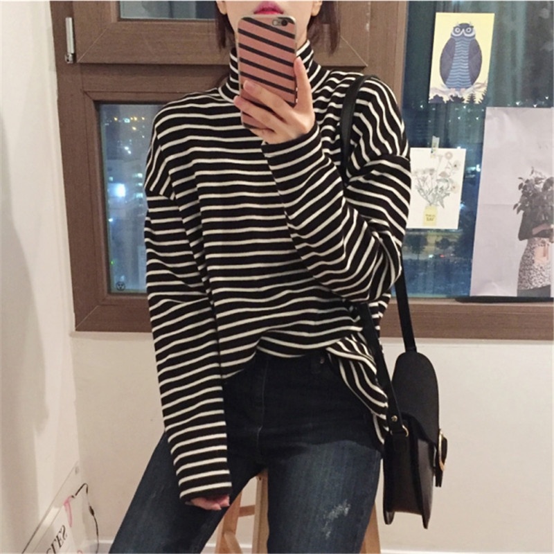 Áo thun DIDIKA tay dài cổ cao form rộng họa tiết kẻ sọc phong cách Preppy thời trang mùa xuân mới cho nữ