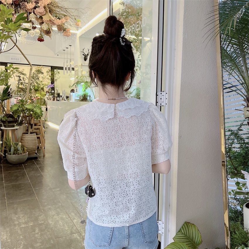 Áo Sơ Mi Tay Ngắn Cổ Búp Bê Phối Ren Thời Trang Mùa Hè Hàn Quốc Cho Nữ