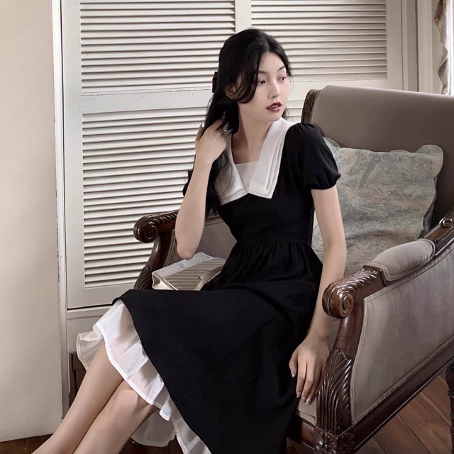 ĐẦM ĐEN PHỐI CỔ CHÂN BÈO TRẮNG | BigBuy360 - bigbuy360.vn