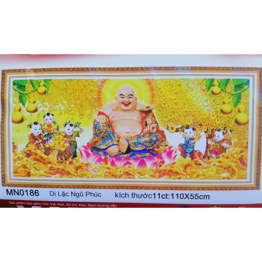 Tranh thêu chữ thập Phật di lặc ngũ Phúc MN0186