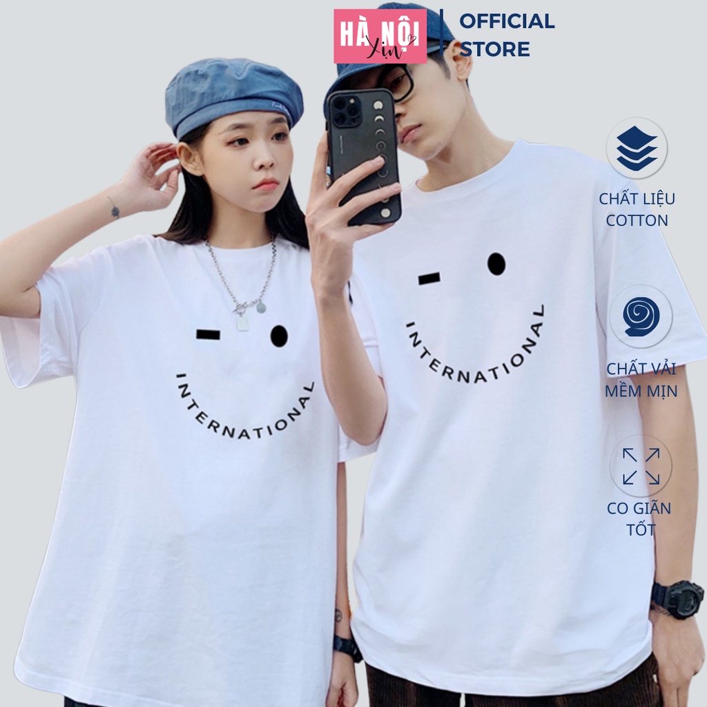 Áo thun đôi nam nữ, áo phông đôi nam nữ tay lỡ vải cotton, áo phông đôi in hình mặt cười cho các cặp đôi