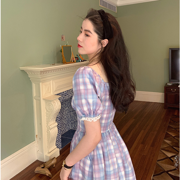 Purple Plaid Lace Temperament Dress French Retro High Waist Show Plaid Dress Mid-length Elegant Dress | BigBuy360 - bigbuy360.vn