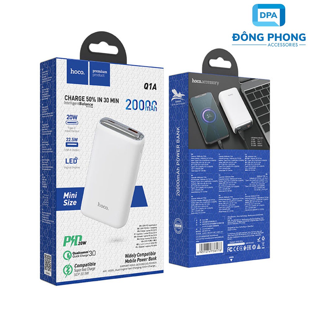 [Mã 154ELSALE2 giảm 7% đơn 300K] Pin Dự Phòng Hoco 20000mAh Q1A Chính Hãng Sạc Nhanh PD 22.5W, Quick Charge 3.0