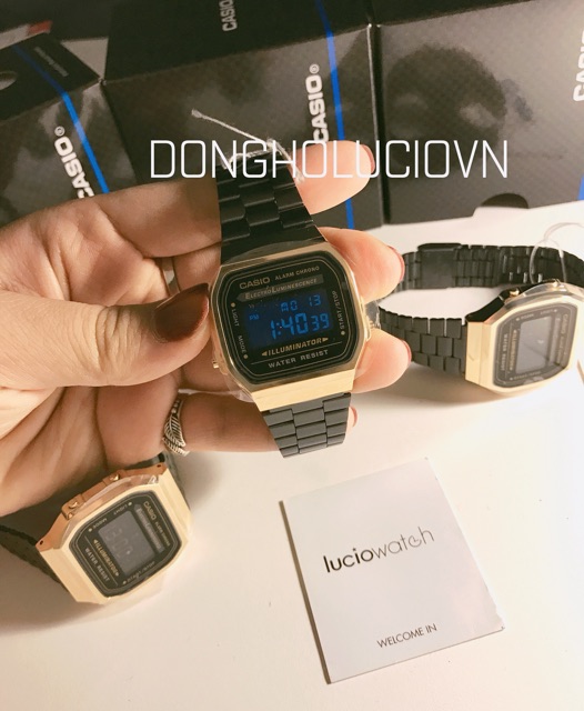 Đồng hồ Nam Casio A168WEGB-1BDF, đồng hồ chính hãng, full đen viền vàng