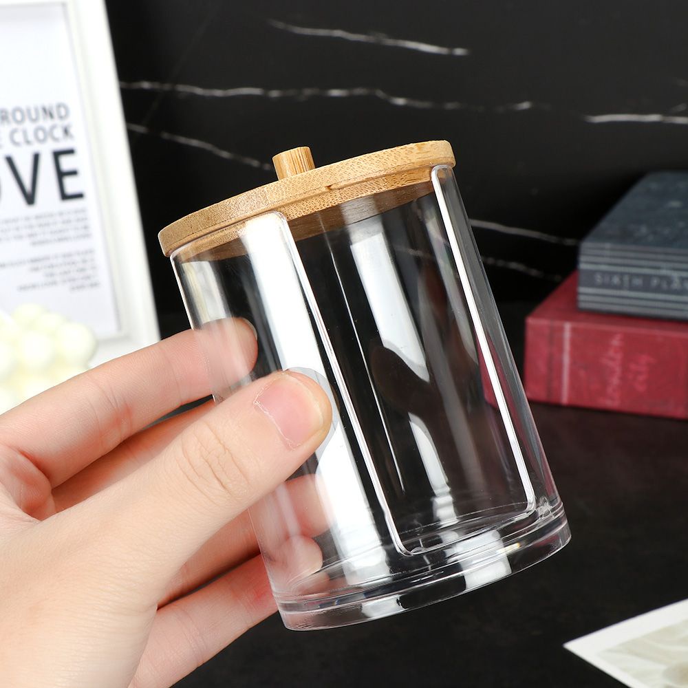 Hộp đựng tăm bông trang điểm bằng acrylic trong suốt có nắp tre chống bụi đa năng