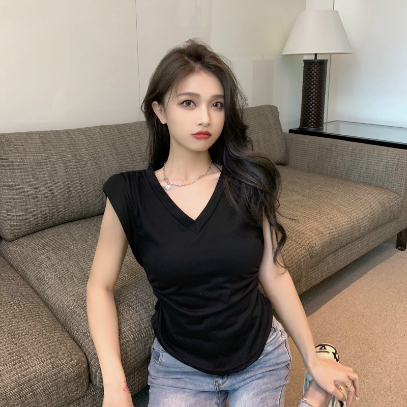 Cocory vn Áo Thun Nữ Ngắn Tay Cổ Chữ V Thời Trang