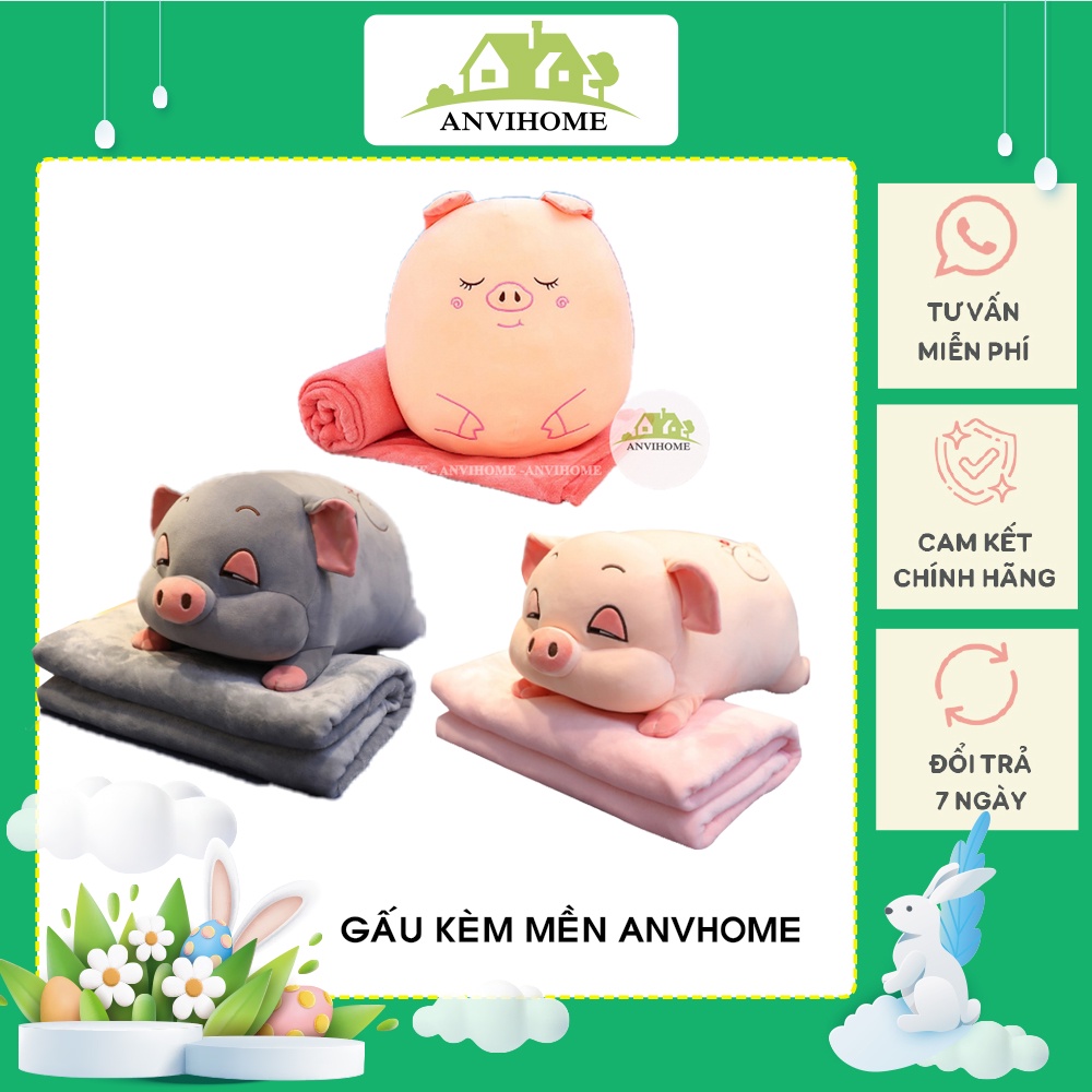 Mền gối Heo lim dim 3 trong 1 kích thước mền 1.1x1.6m Bộ Chăn Gối văn phòng Anvihome