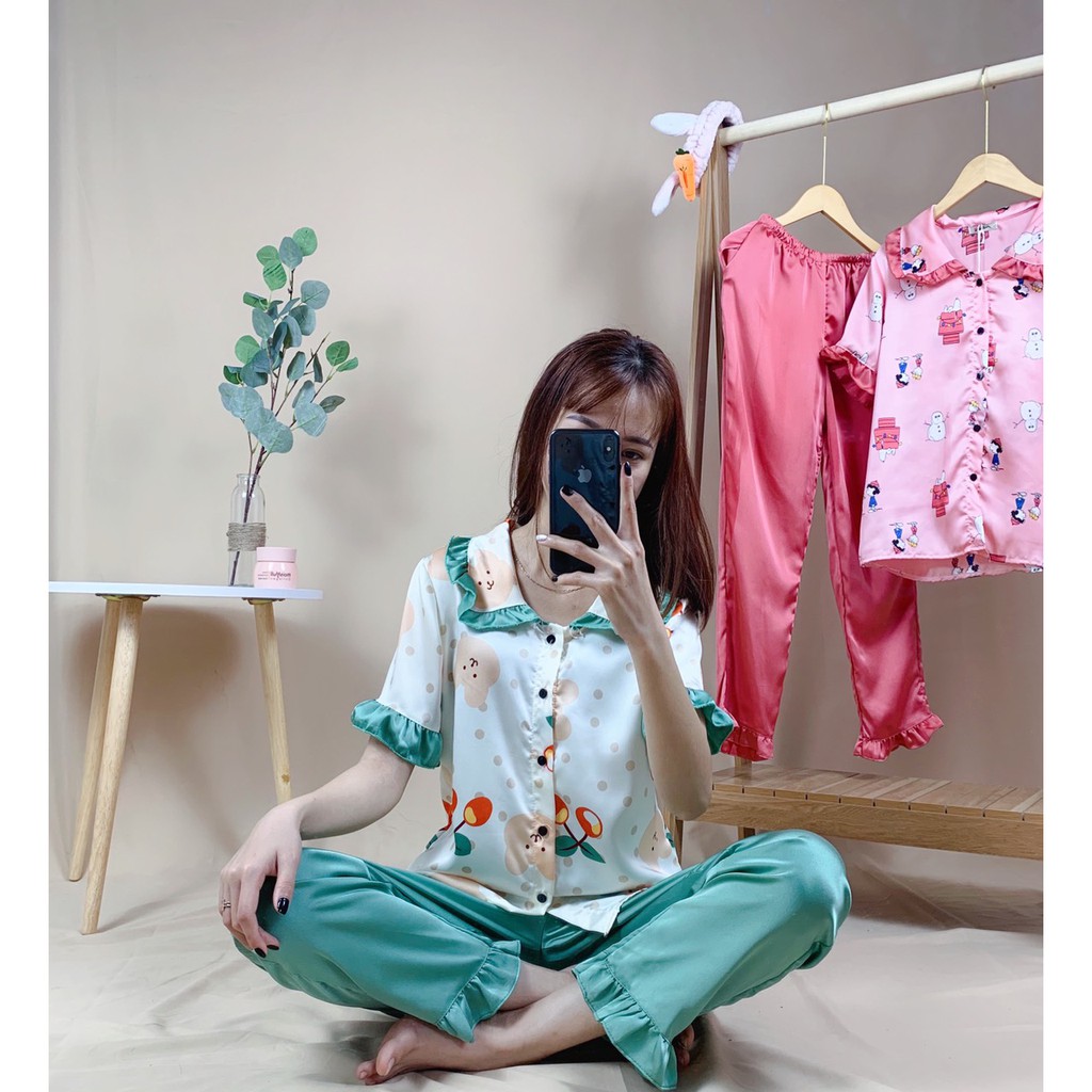 Bộ lụa mặc nhà, Bộ ngủ pijama chất lụa cao cấp, nhẹ mát, kiểu dáng hàn quốc.