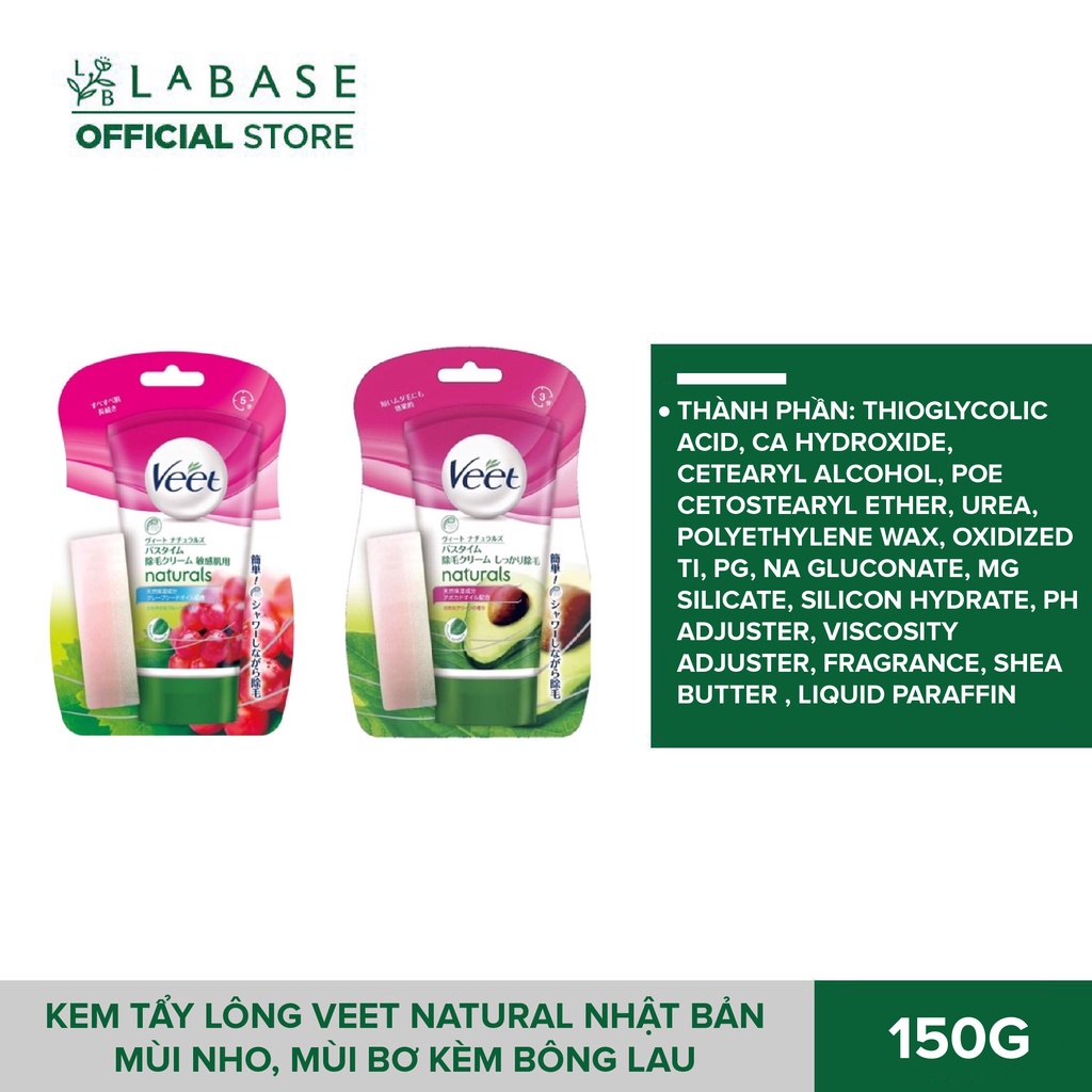 Kem tẩy lông Veet Natural Mùi Nho, Mùi Bơ 150g kèm bông